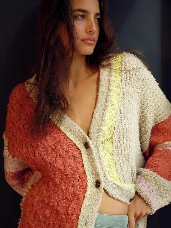 Free People Sweaters - Free People Textured Colorblock Bouclé Cardigan in Cream, Rust & Yellow Oversize